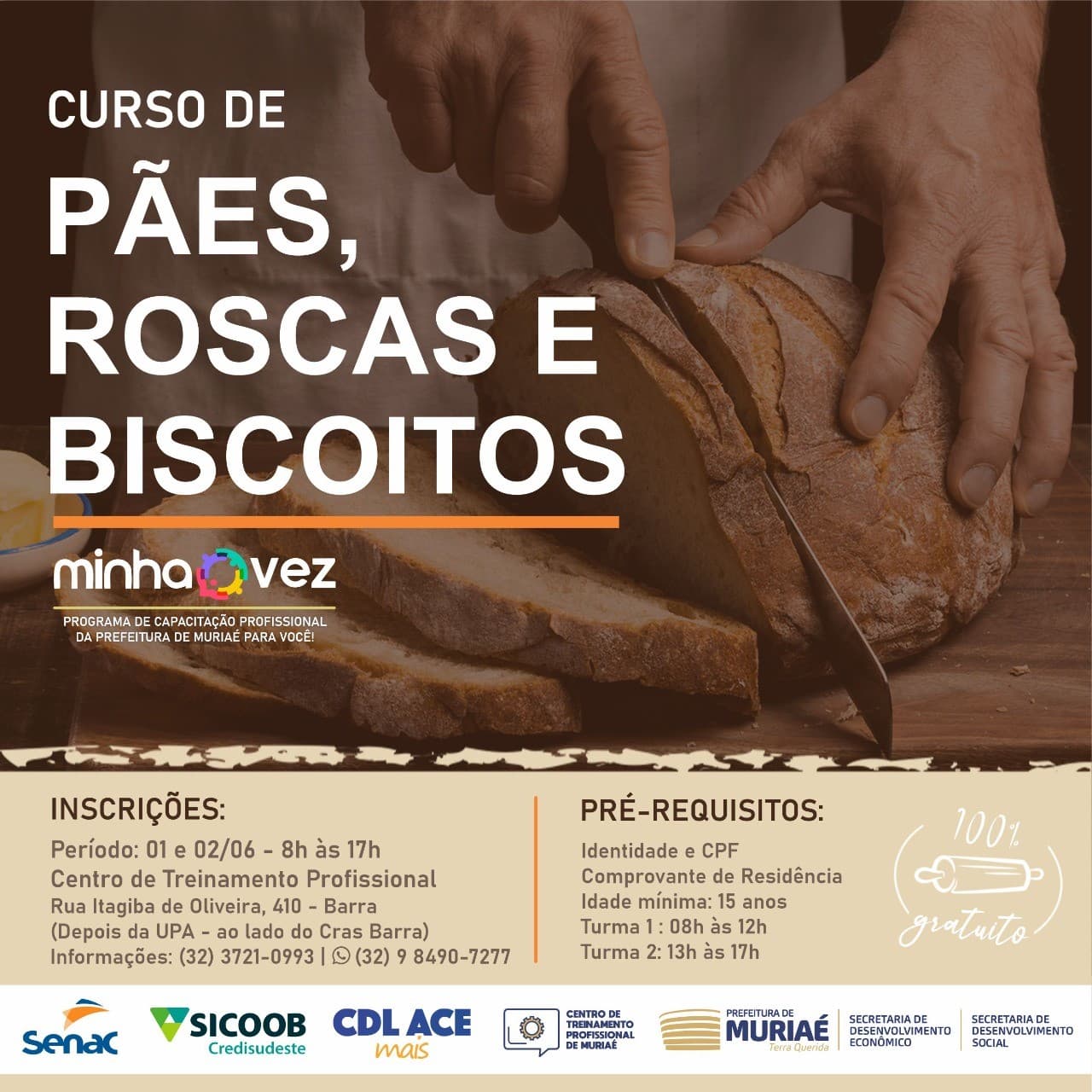 Inscrições abertas para curso gratuito de panificação em Muriaé
