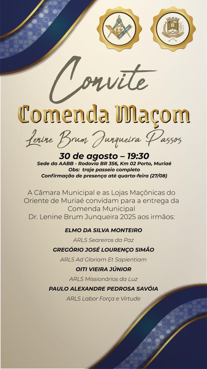 Dia do Maçom é celebrado com homenagens e confraternização em Muriaé