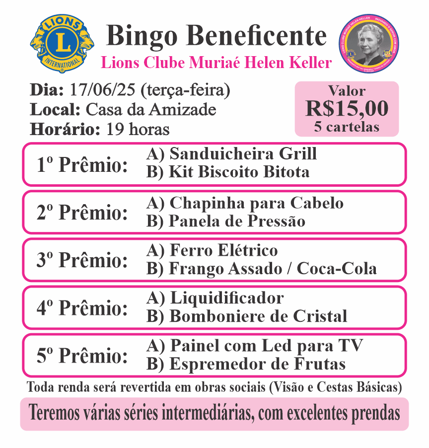 Bingo Beneficente do LIONS Clube Muriaé Helen Keller acontece nesta terça-feira