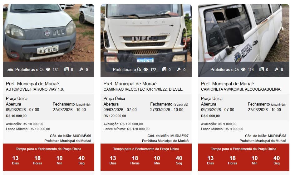 Prefeitura de Muriaé promove leilão público de veículos com lance online