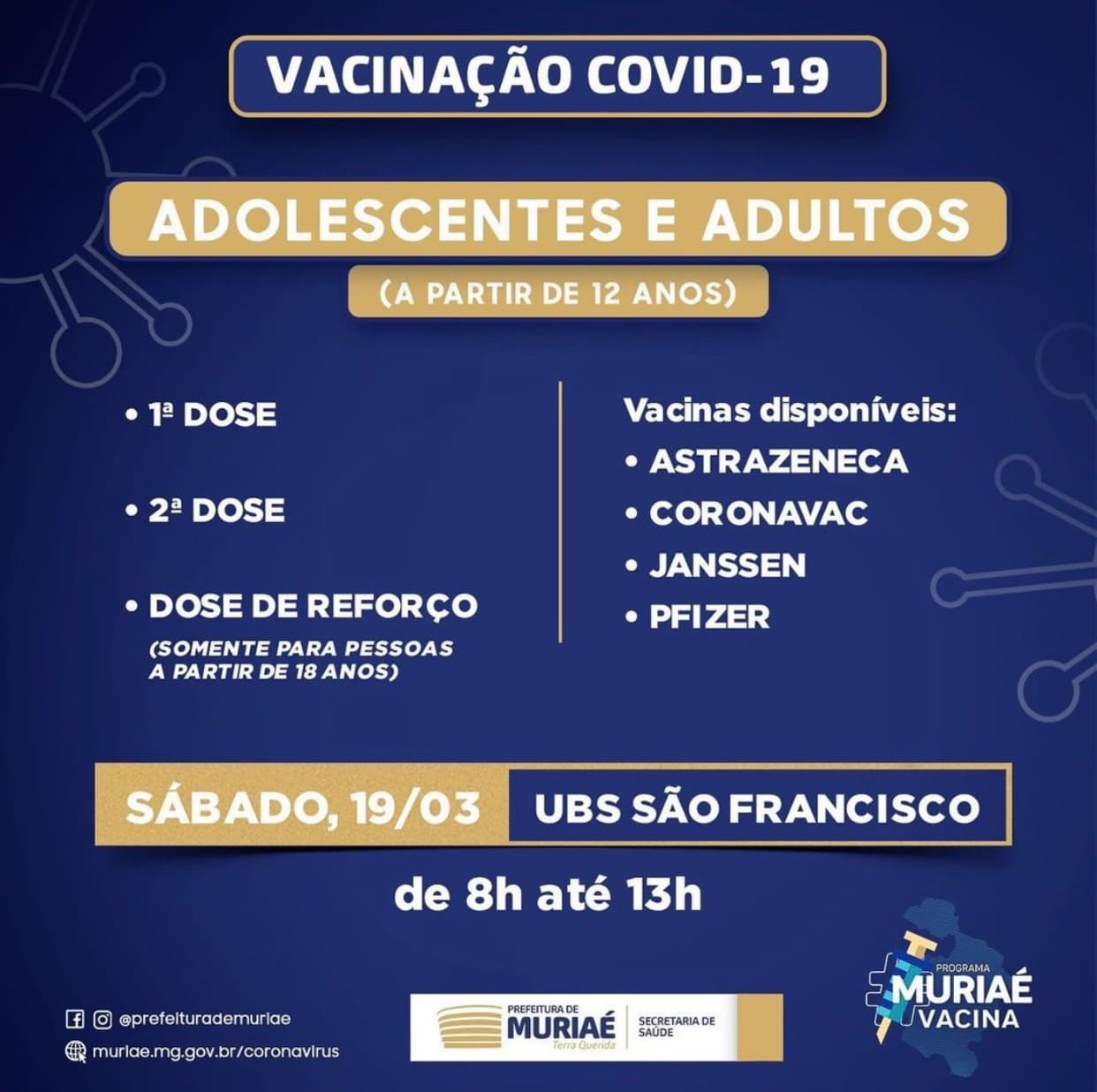 Multirão de vacina contra covid em Muriaé nesse sábado. 74% da população já está vacinada